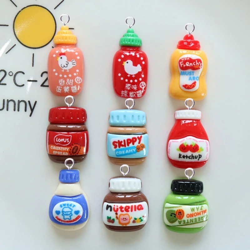 Salad Dressing Bottle - 10個入り 面白い漫画風パンソース樹脂チャーム サラダトマトピーナッツバターボトル イヤリングペンダント 携帯電話チェーンキーホルダー DIY製作