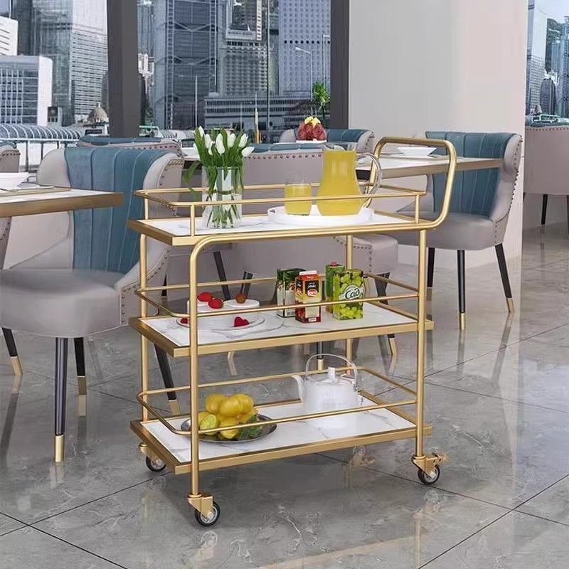 Food Storage For Restaurant - 北欧風モバイルトロリー、高級収納カート、ホテル用ワインカート、金色の多層錬鉄製ダイニングカート、レストランフードトラック