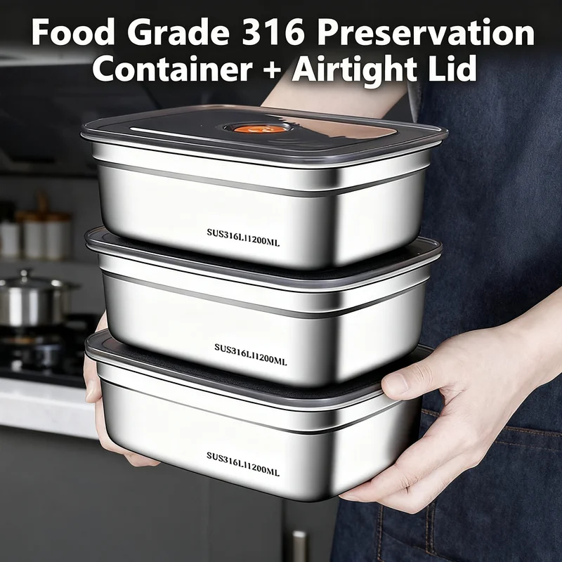 Food Storage Box Large - 大容量ステンレス製漏れ防止密閉弁当箱、電子レンジ対応、キャンプ、冷蔵庫、冷凍庫での食品保存に最適