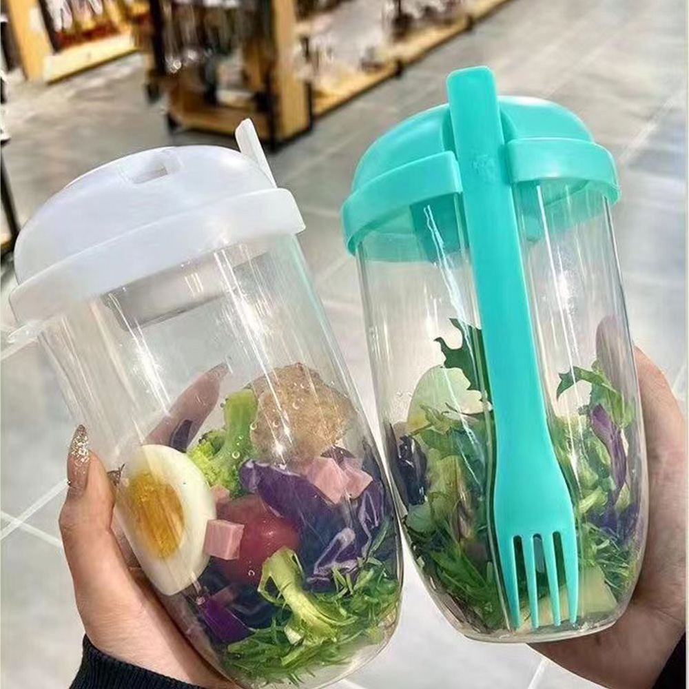 Salad Dressing Bottle - フォーク付きポータブルガラスサラダシェーカー,弁当用ボウルホルダー,新鮮な果物と野菜,白と緑のボトル,1個