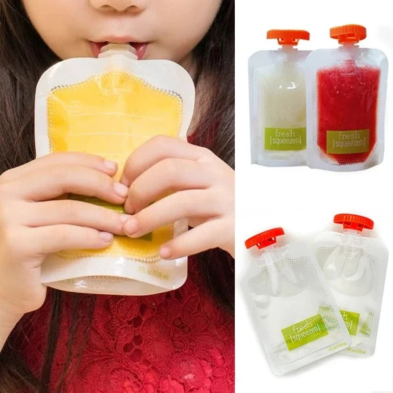 Food Storage Silicone Bags - 10個のベビーフードとジュースボックスの抗押し出しブラケット - こぼれや汚れを防ぎ、ピューレの絞り問題を解決します。