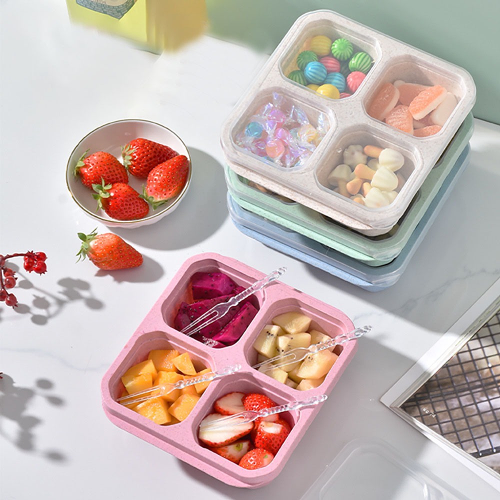Food Storage Drawer Organizer - 1個入り 再利用可能な小麦ストロー素材 4仕切り付きフードコンテナ 蓋付きスナックボックス ナッツ、キャンディ、点心、ランチ、食事の準備に