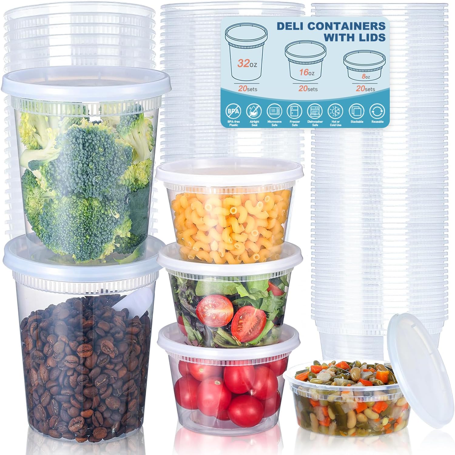 Food Storage Bowls - プラスチック製食品保存容器,蓋付き,冷凍庫,BPAフリー,24個,8オンス,16オンス,32オンス