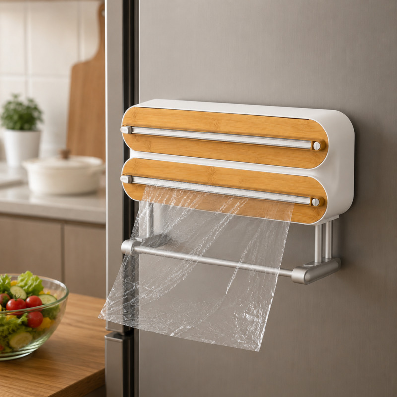 Food Storage Drawer Organizer - 磁気フードラップカッターディスペンサー クリングフィルムホルダー 壁掛け冷蔵庫 キッチンオーガナイザー 収納ボックス アルミホイル