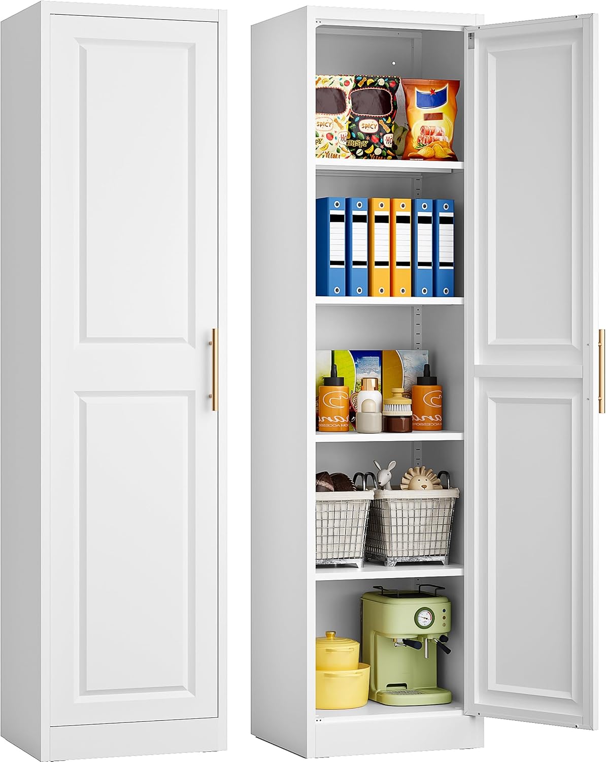 Food Storage Box Large - 背の高い細長い収納キャビネット、1ドア5段、スリムキッチンパントリーキャビネット、金属製バスルームカップボード、大型オーガナイザーユニット、ホワイト
