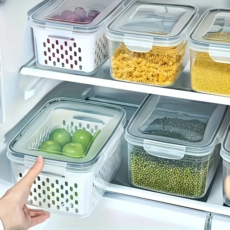 Food Storage Keep Hot - ホットセールギフト 9個入り冷蔵庫収納容器、食品グレードの密閉冷蔵庫用食品保存容器セット、蓋3個＋ボックス3個＋水切りバスケット3個、果物・野菜用取り外し可能な水切りバスケット、家庭用キッチン鮮度保持オーガナイザー